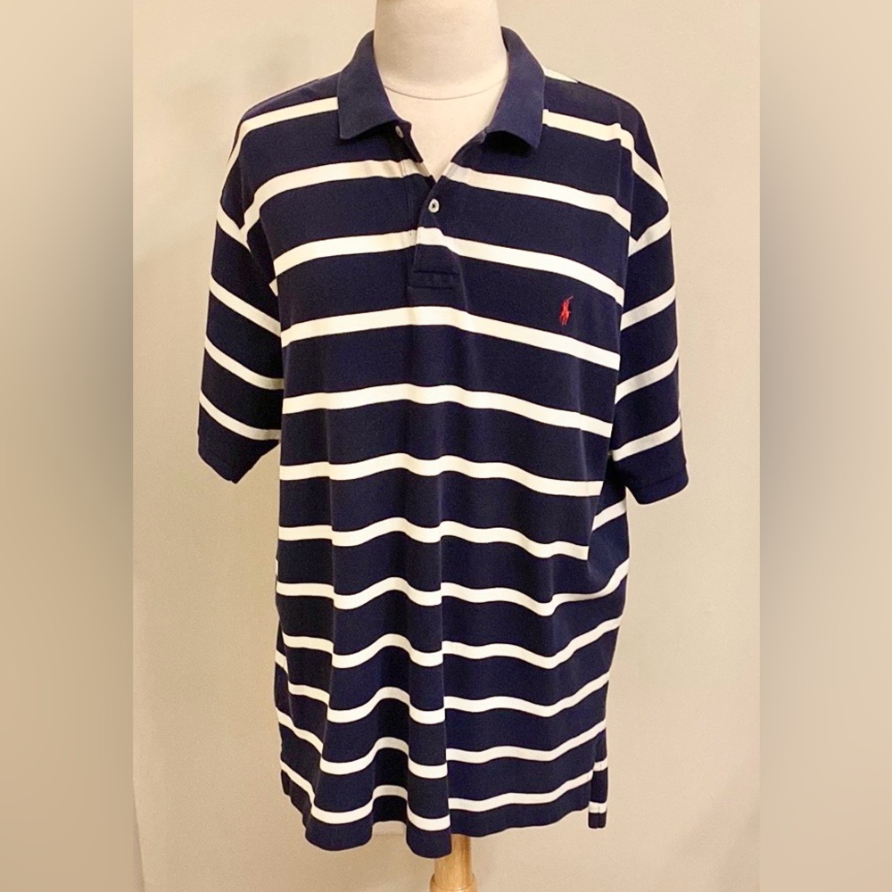 Polo by Ralph Lauren Navy Blue White Striped XXL Coastal Americana Preppy Shirt